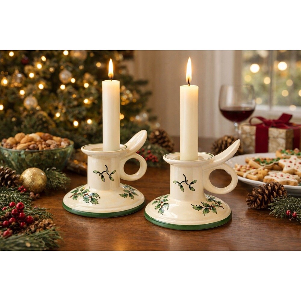 Spode Christmas Tree Chamberstick Candle Holders Set of 2 Holly Green Trim EUC